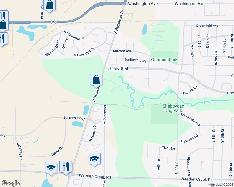 map of restaurants, bars, coffee shops, grocery stores, and more near 2412 Crosscreek Drive in Sheboygan