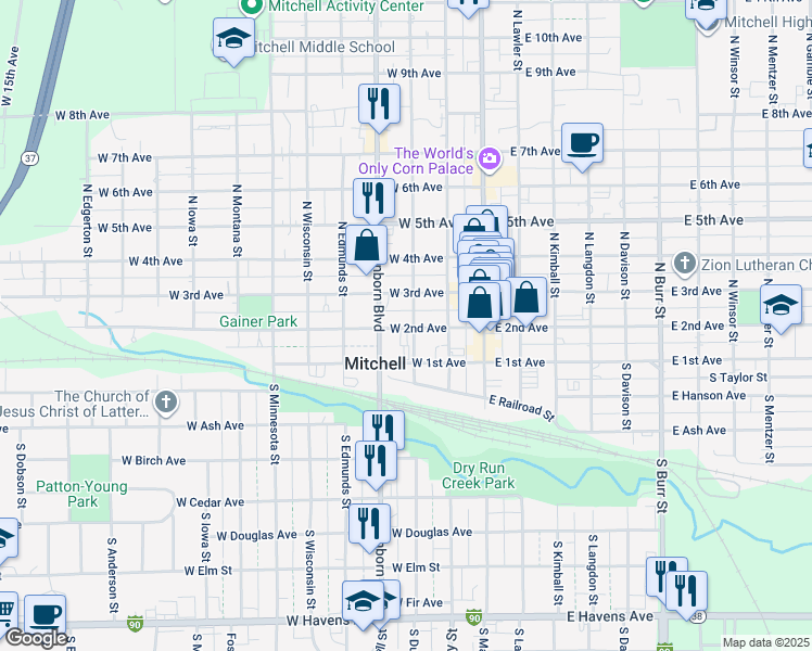 map of restaurants, bars, coffee shops, grocery stores, and more near 100-198 North Duff Street in Mitchell