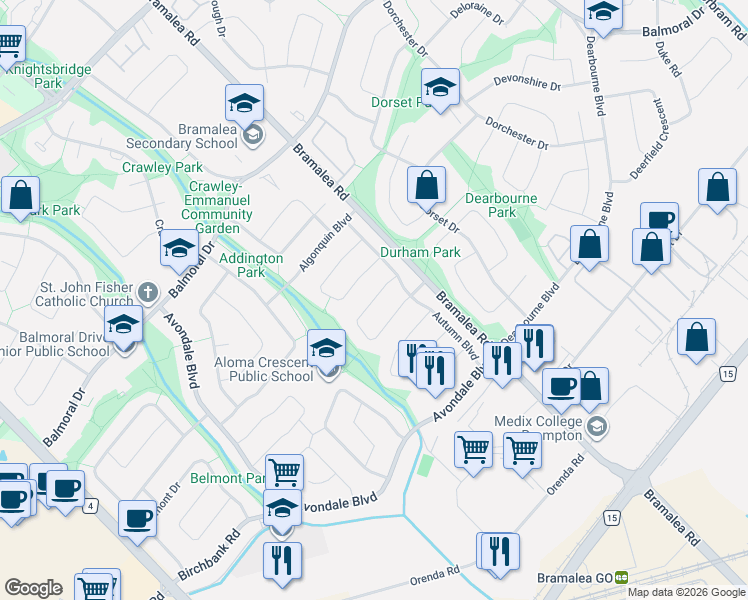 map of restaurants, bars, coffee shops, grocery stores, and more near Alexandria Crescent in Brampton