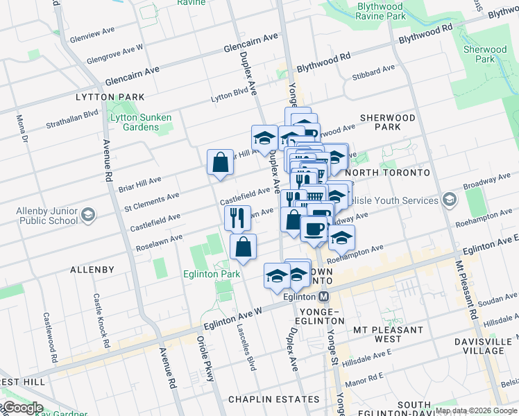 map of restaurants, bars, coffee shops, grocery stores, and more near 98 Roselawn Avenue in Toronto