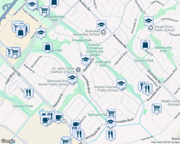 map of restaurants, bars, coffee shops, grocery stores, and more near 53 Ascot Avenue in Brampton