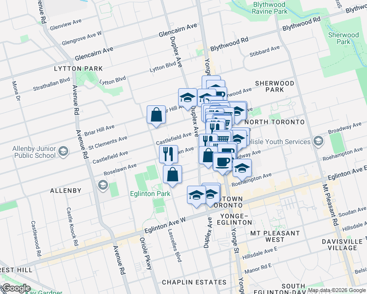 map of restaurants, bars, coffee shops, grocery stores, and more near in Toronto