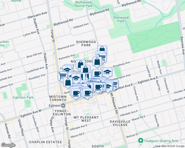 map of restaurants, bars, coffee shops, grocery stores, and more near 99 Broadway Avenue in Toronto