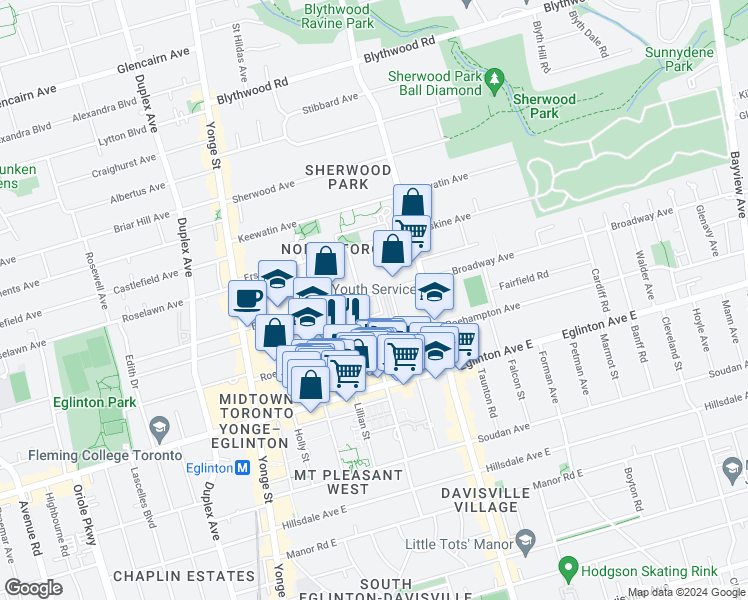 map of restaurants, bars, coffee shops, grocery stores, and more near in Toronto