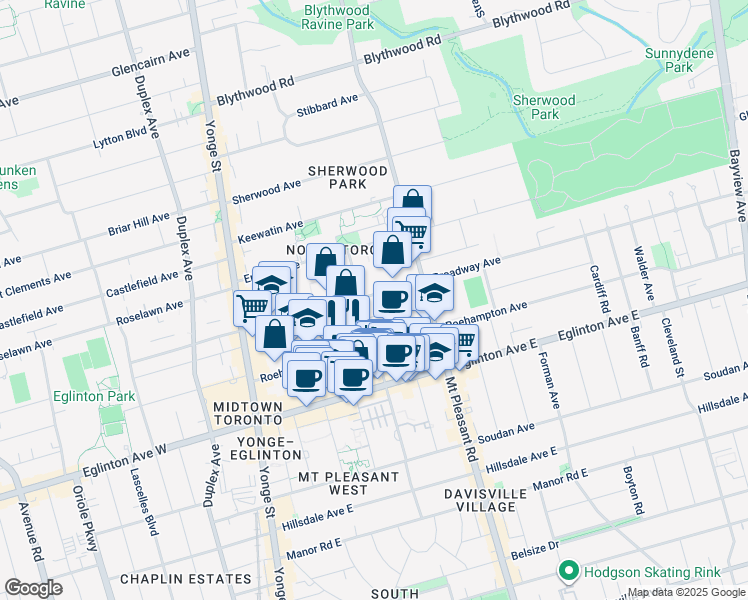 map of restaurants, bars, coffee shops, grocery stores, and more near 99 Broadway Avenue in Toronto