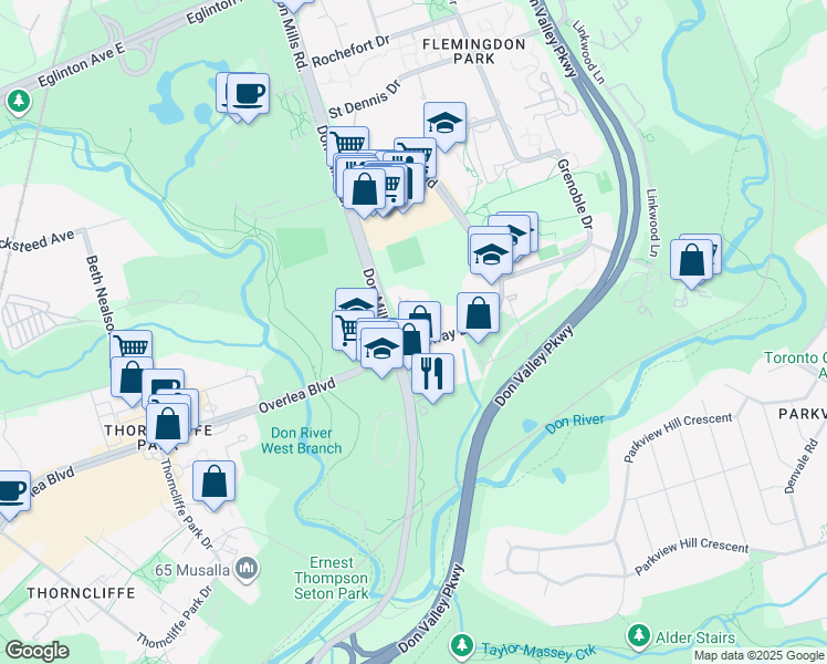 map of restaurants, bars, coffee shops, grocery stores, and more near 715 Don Mills Road in Toronto