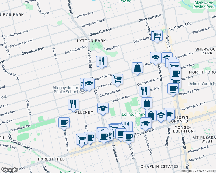 map of restaurants, bars, coffee shops, grocery stores, and more near in Toronto
