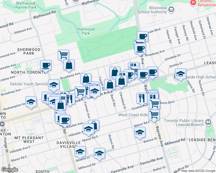 map of restaurants, bars, coffee shops, grocery stores, and more near 120 Banff Road in Toronto