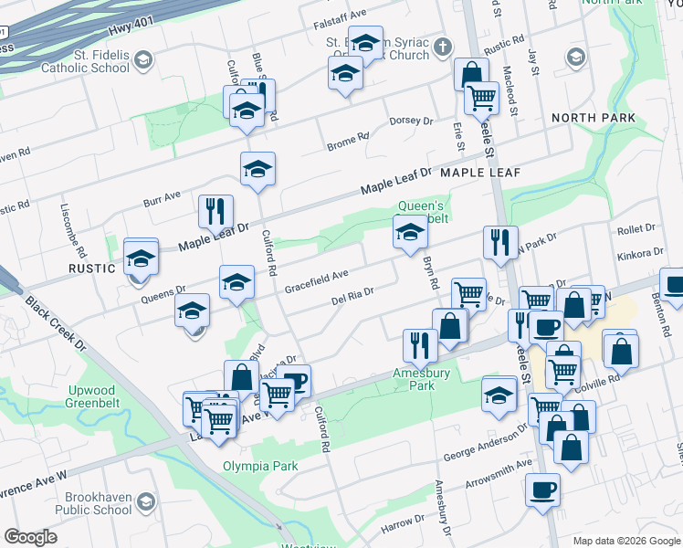 map of restaurants, bars, coffee shops, grocery stores, and more near 108 Gracefield Avenue in Toronto
