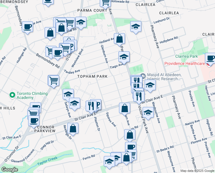map of restaurants, bars, coffee shops, grocery stores, and more near 9 Adair Road in Toronto
