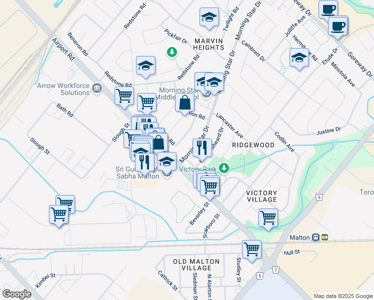 map of restaurants, bars, coffee shops, grocery stores, and more near 3027 Morning Star Drive in Mississauga