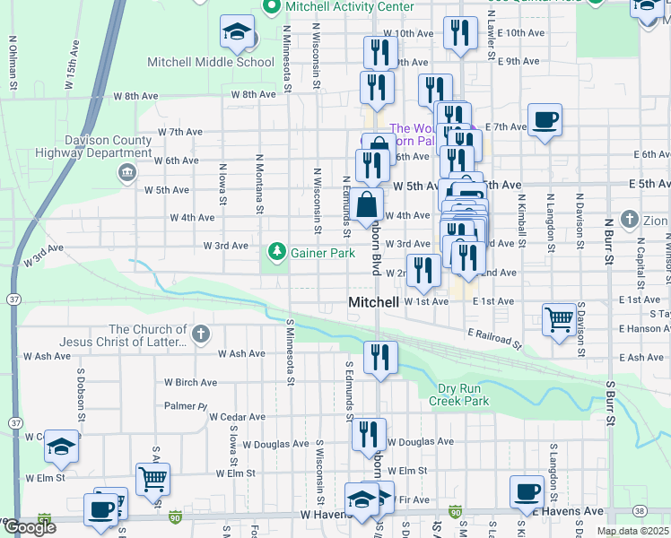 map of restaurants, bars, coffee shops, grocery stores, and more near 423 West 2nd Avenue in Mitchell