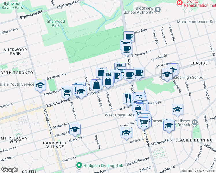 map of restaurants, bars, coffee shops, grocery stores, and more near 546 Eglinton Avenue East in Toronto