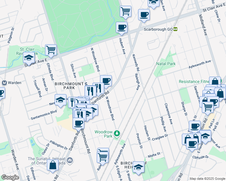 map of restaurants, bars, coffee shops, grocery stores, and more near 571 Danforth Road in Toronto