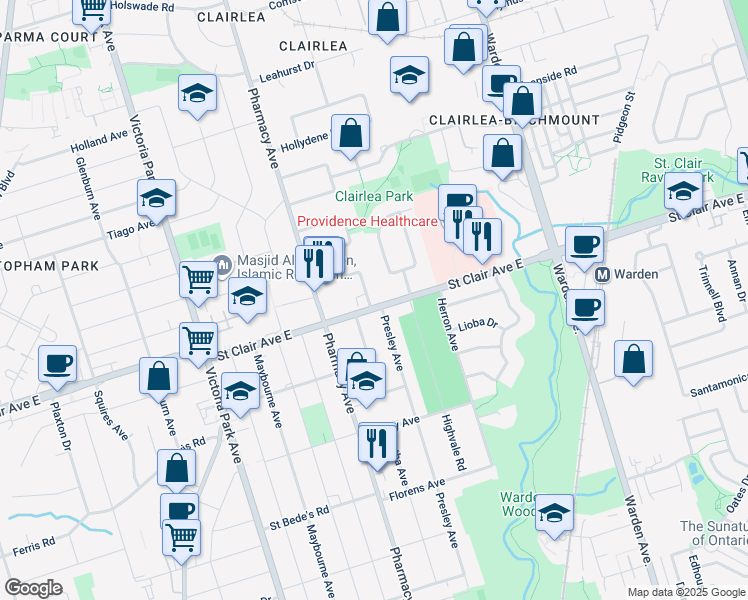 map of restaurants, bars, coffee shops, grocery stores, and more near in Toronto