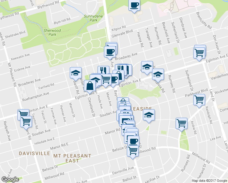 map of restaurants, bars, coffee shops, grocery stores, and more near in Toronto