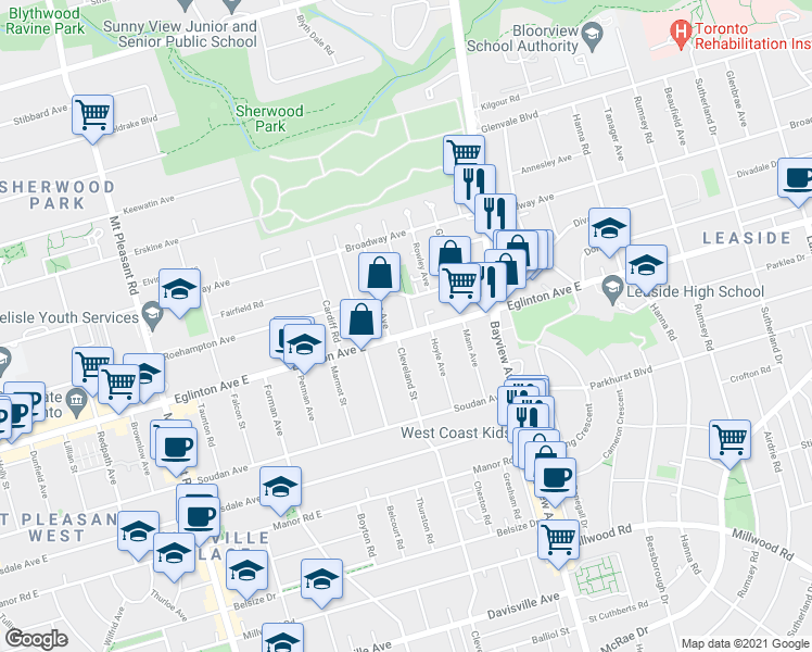 map of restaurants, bars, coffee shops, grocery stores, and more near 550 Eglinton Avenue East in Toronto