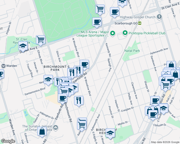 map of restaurants, bars, coffee shops, grocery stores, and more near 571 Danforth Road in Toronto