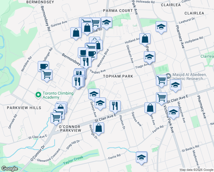 map of restaurants, bars, coffee shops, grocery stores, and more near in Toronto