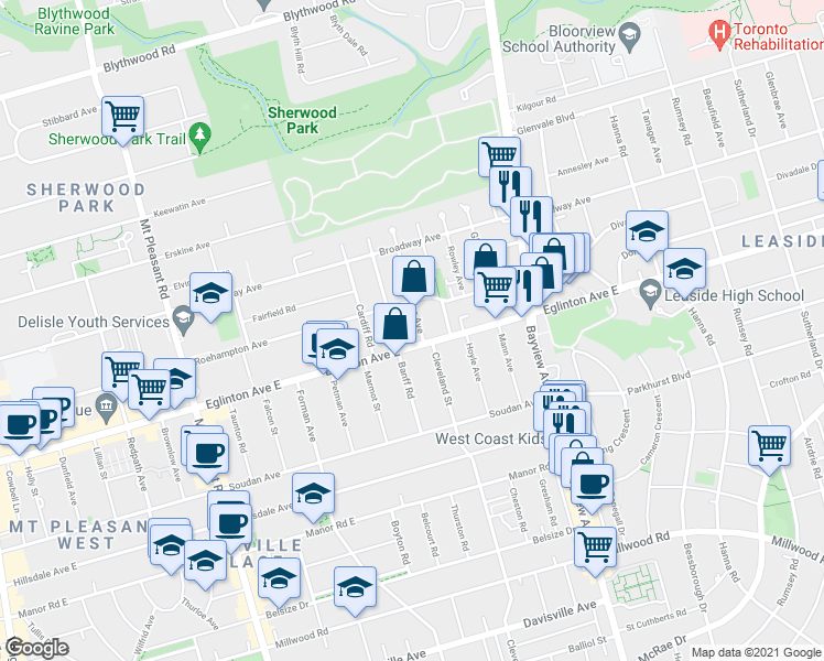 map of restaurants, bars, coffee shops, grocery stores, and more near 4 Walder Avenue in Toronto