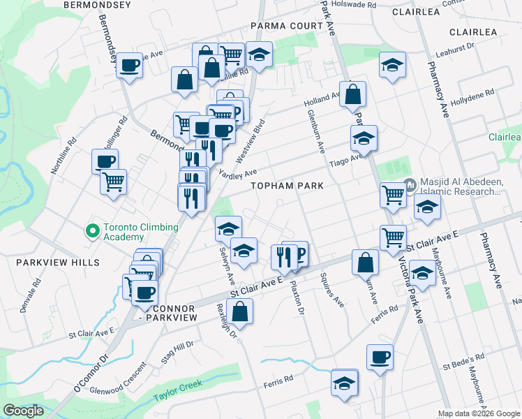 map of restaurants, bars, coffee shops, grocery stores, and more near 19 Topham Road in Toronto