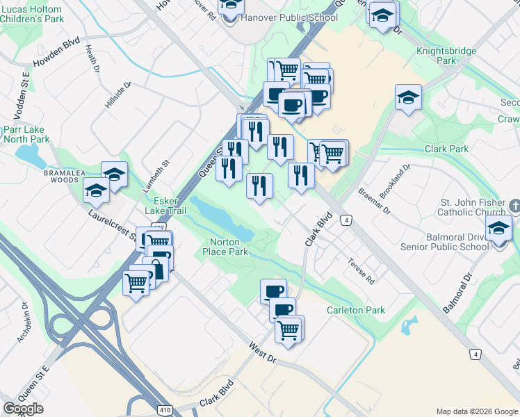 map of restaurants, bars, coffee shops, grocery stores, and more near 10 Lisa Street in Brampton
