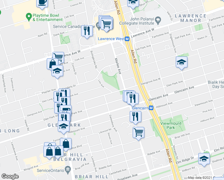 map of restaurants, bars, coffee shops, grocery stores, and more near 3 Lois Avenue in Toronto