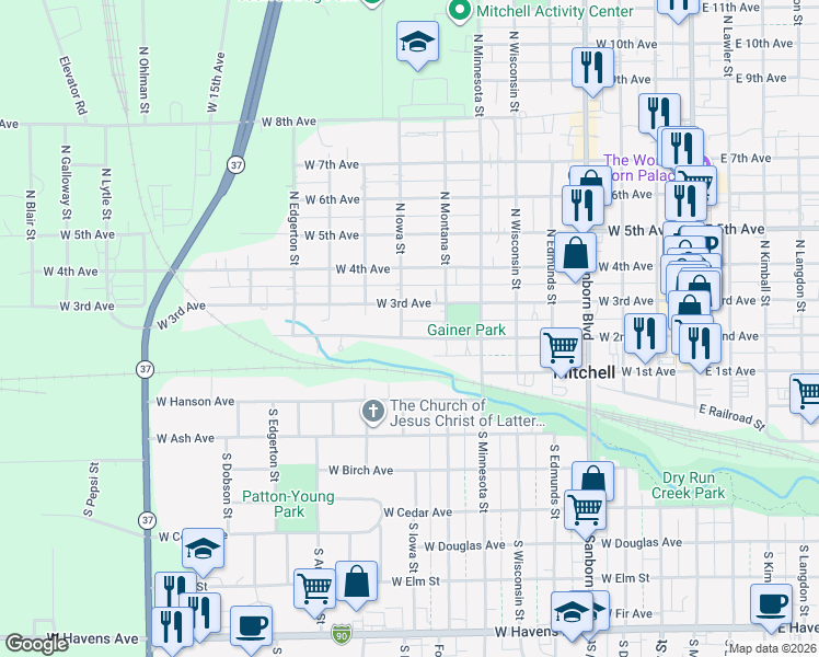 map of restaurants, bars, coffee shops, grocery stores, and more near 821 West 2nd Avenue in Mitchell