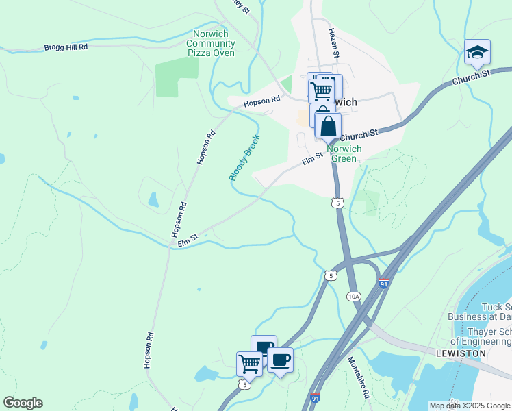 map of restaurants, bars, coffee shops, grocery stores, and more near 95 Elm Street in Norwich
