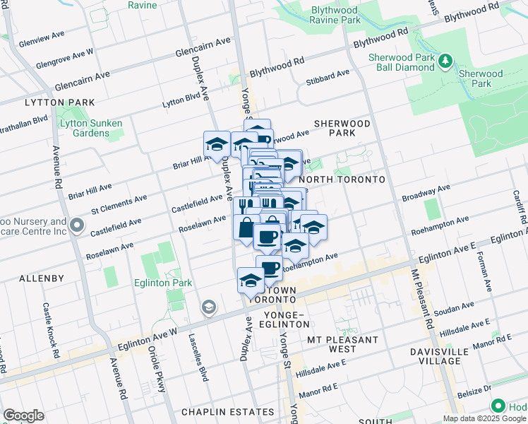 map of restaurants, bars, coffee shops, grocery stores, and more near 2431 Yonge Street in Toronto