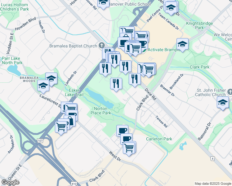 map of restaurants, bars, coffee shops, grocery stores, and more near 10 Lisa Street in Brampton