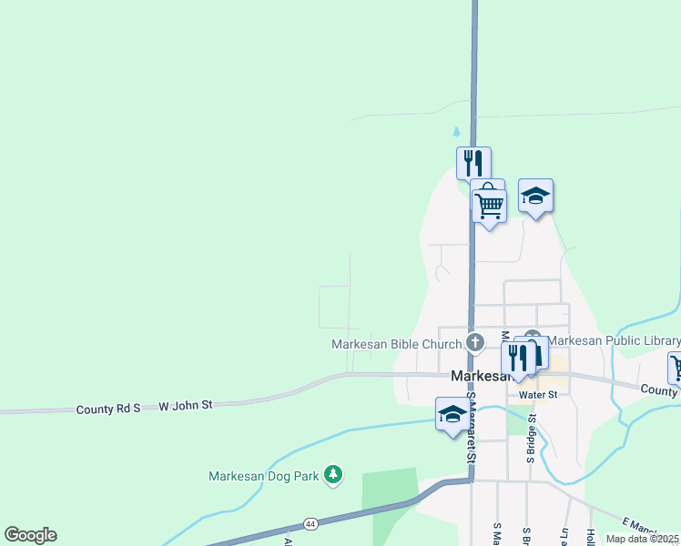 map of restaurants, bars, coffee shops, grocery stores, and more near 109 Moorland Drive in Markesan