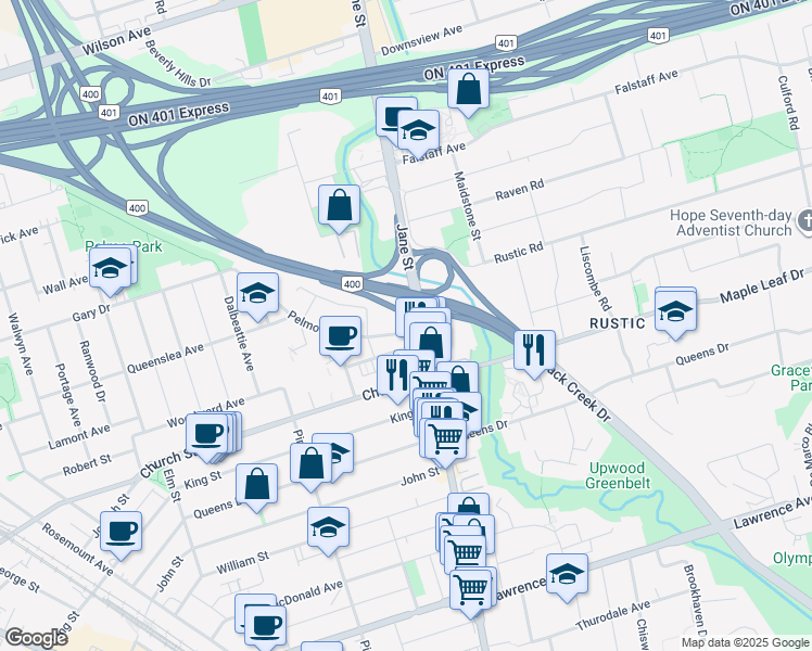 map of restaurants, bars, coffee shops, grocery stores, and more near 14 Pelmo Crescent in Toronto