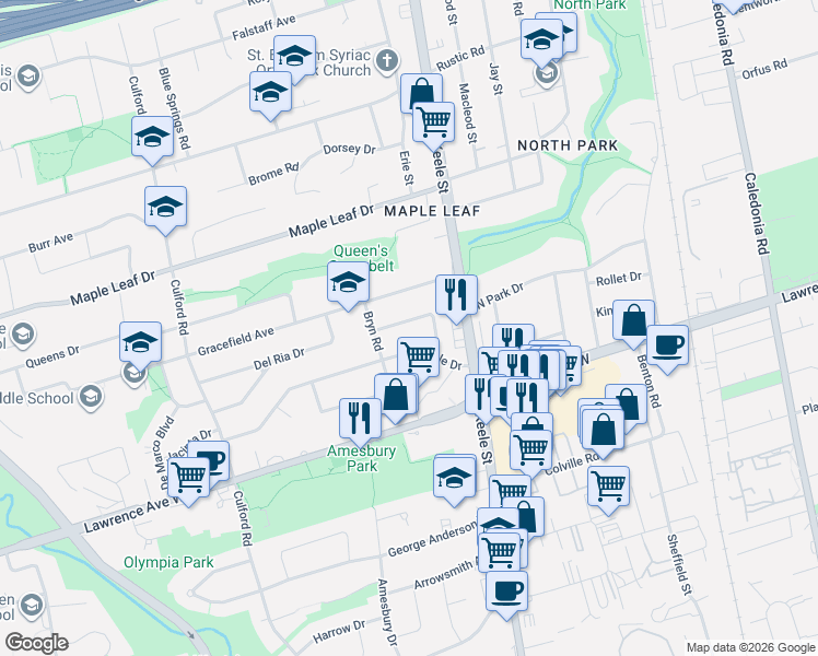 map of restaurants, bars, coffee shops, grocery stores, and more near 33 Wickford Drive in Toronto
