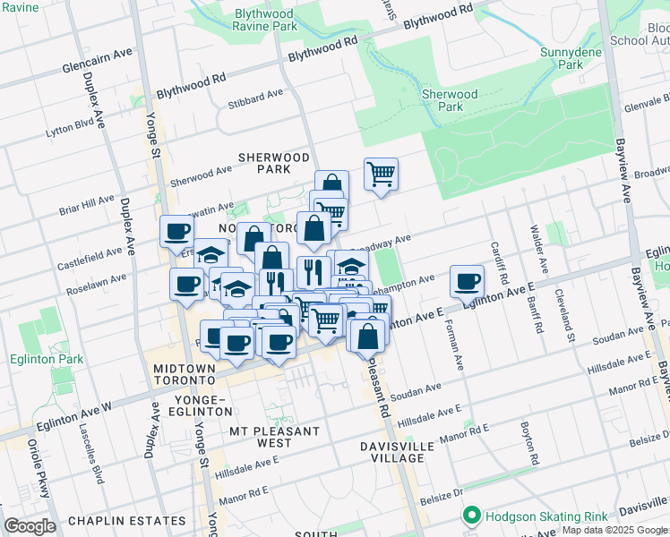 map of restaurants, bars, coffee shops, grocery stores, and more near in Toronto