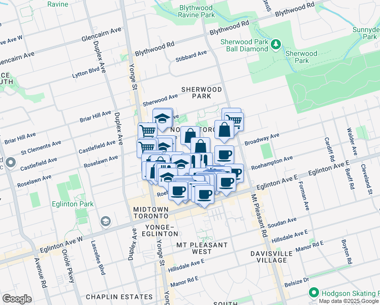 map of restaurants, bars, coffee shops, grocery stores, and more near 86 Broadway Avenue in Toronto