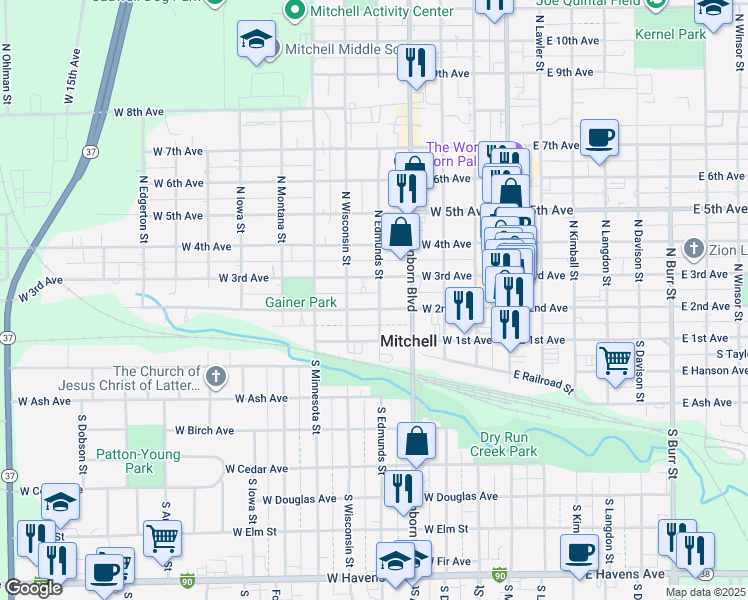 map of restaurants, bars, coffee shops, grocery stores, and more near 423 West 2nd Avenue in Mitchell
