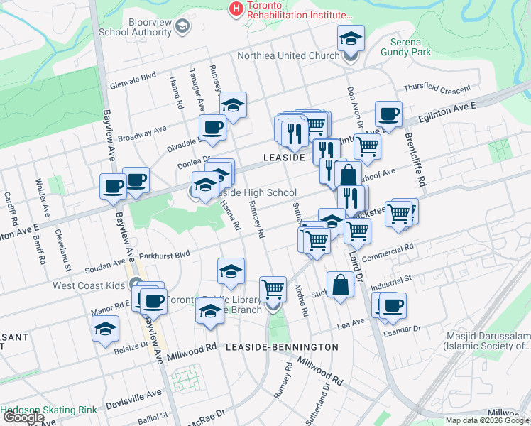 map of restaurants, bars, coffee shops, grocery stores, and more near 7 Vanderhoof Avenue in Toronto