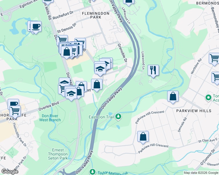 map of restaurants, bars, coffee shops, grocery stores, and more near 40 Sunny Glenway in Toronto