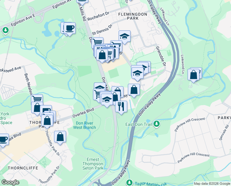 map of restaurants, bars, coffee shops, grocery stores, and more near 10 Gateway Boulevard in Toronto