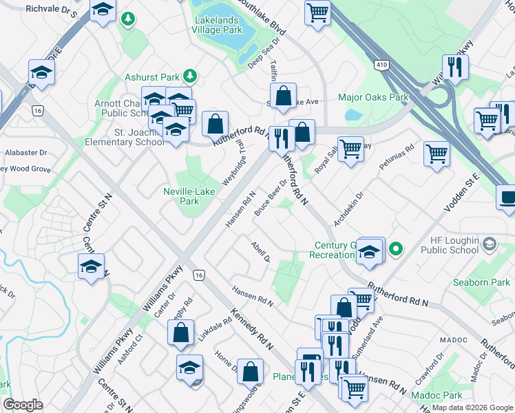 map of restaurants, bars, coffee shops, grocery stores, and more near 115 Bruce Beer Drive in Brampton