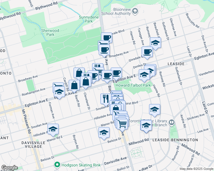 map of restaurants, bars, coffee shops, grocery stores, and more near 1750 Bayview Avenue in Toronto