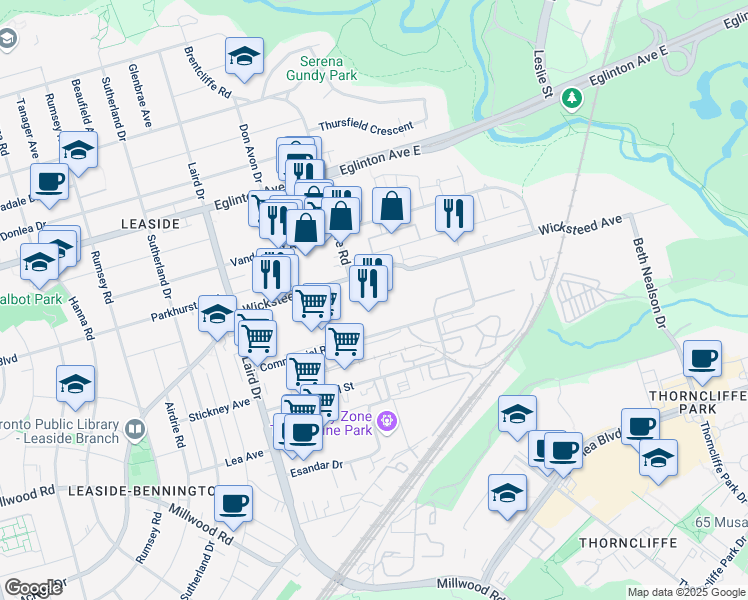 map of restaurants, bars, coffee shops, grocery stores, and more near 101 Wicksteed Avenue in Toronto