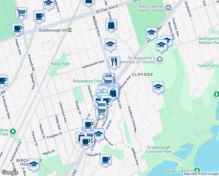 map of restaurants, bars, coffee shops, grocery stores, and more near 2490A Kingston Road in Toronto