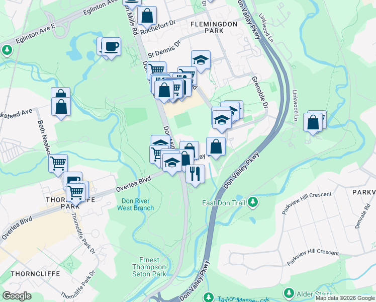 map of restaurants, bars, coffee shops, grocery stores, and more near 715 Don Mills Road in Toronto