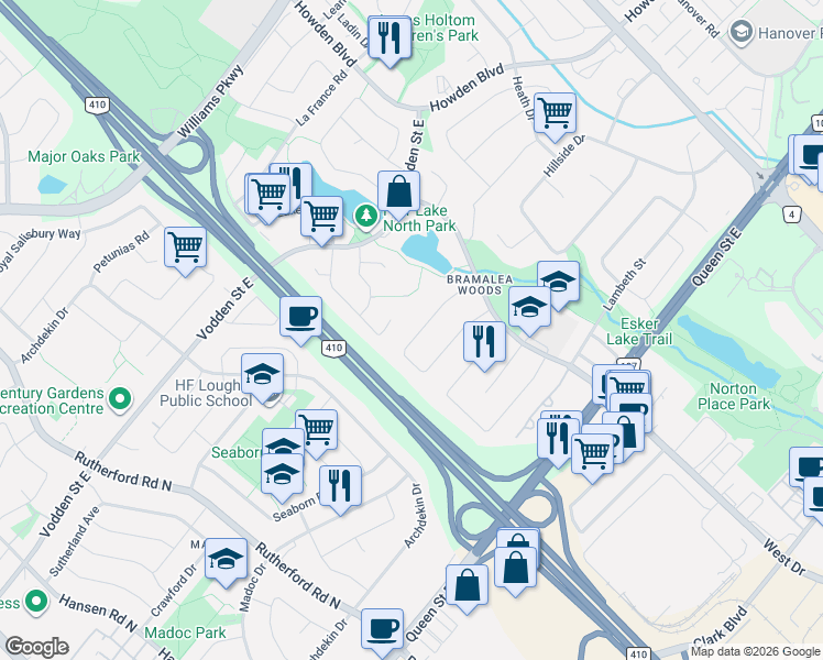 map of restaurants, bars, coffee shops, grocery stores, and more near 34 Lorraine Crescent in Brampton