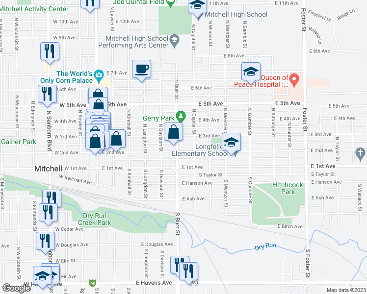 map of restaurants, bars, coffee shops, grocery stores, and more near 608 1/2 East 2nd Avenue in Mitchell