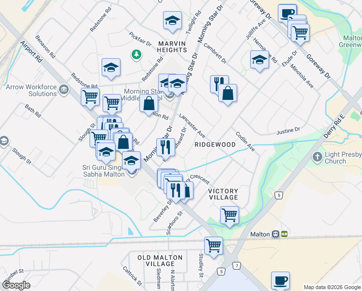 map of restaurants, bars, coffee shops, grocery stores, and more near 3088 Harold Sheard Drive in Mississauga