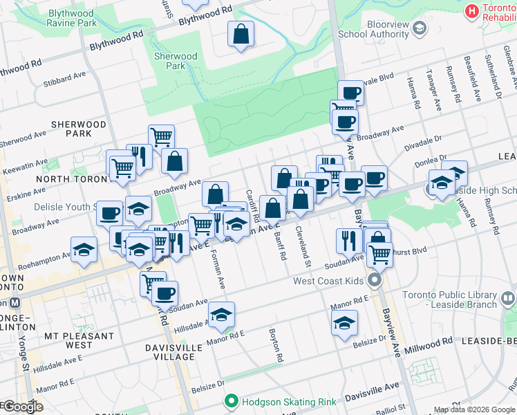 map of restaurants, bars, coffee shops, grocery stores, and more near 19 Cardiff Road in Toronto