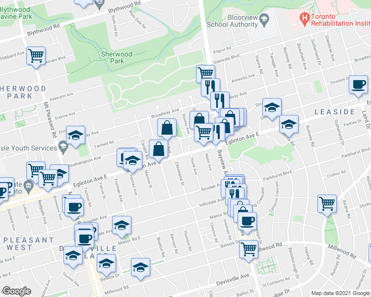 map of restaurants, bars, coffee shops, grocery stores, and more near 562 Eglinton Avenue East in Toronto